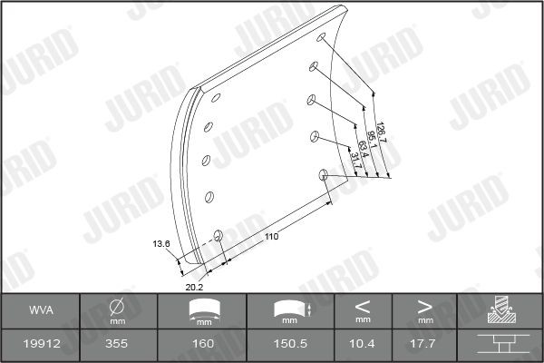 19912 JURID 1991201230 Brake Lining Kit, drum brake 1057004900