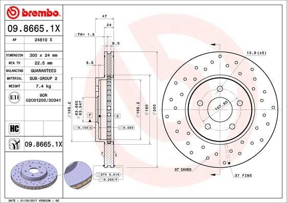 BREMBO 09.8665.1X Brake rotor 300x24mm, 5, perforated/vented, Coated, High-carbon