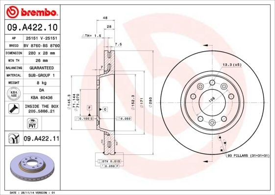 BREMBO 09.A422.11 Brake disc SU001-A1063