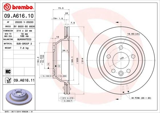 BREMBO 09.A616.11 Brake disc 7L6-615-601G