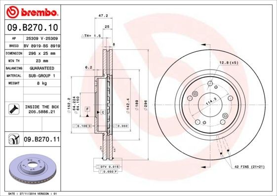 BREMBO 296x25mm, 5, internally vented, Coated Ø: 296mm, Num. of holes: 5, Brake Disc Thickness: 25mm Brake rotor 09.B270.11 buy