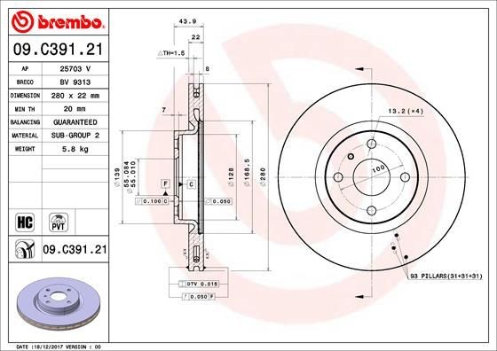BREMBO 09.C391.21 Brake disc 280x22mm, 4, internally vented, Coated, High-carbon