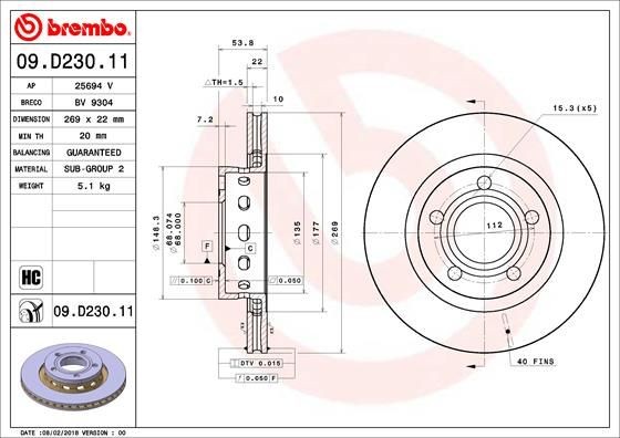 BREMBO 269x22mm, 5, internally vented, Coated, High-carbon Ø: 269mm, Num. of holes: 5, Brake Disc Thickness: 22mm Brake rotor 09.D230.11 buy
