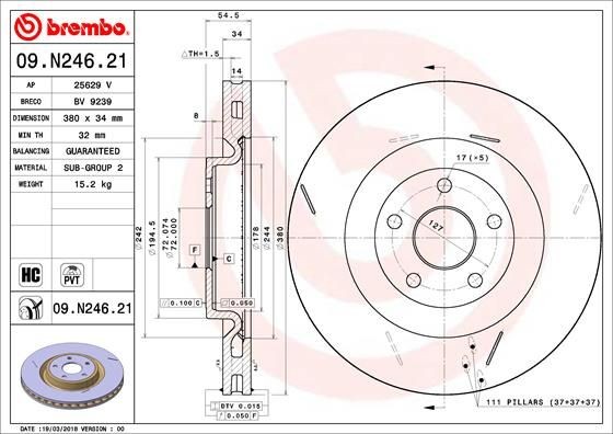 BREMBO 09.N246.21 Brake rotor 380x34mm, 5, internally vented, slotted, Coated, High-carbon