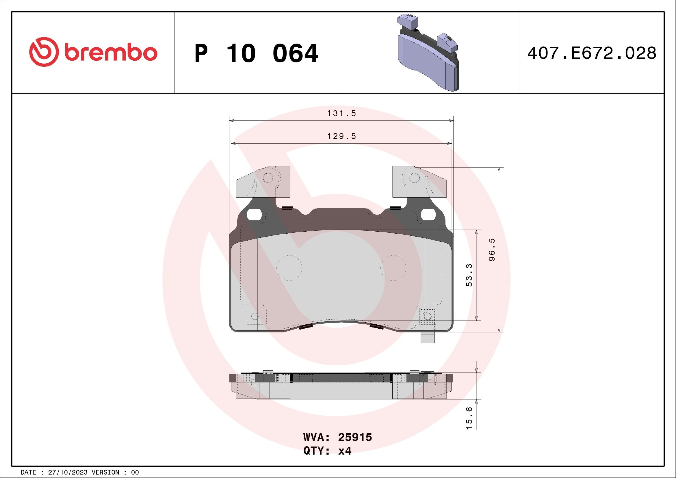 BREMBO P 10 064 Disc pads with acoustic wear warning, with anti-squeak plate, without accessories, with counterweights
