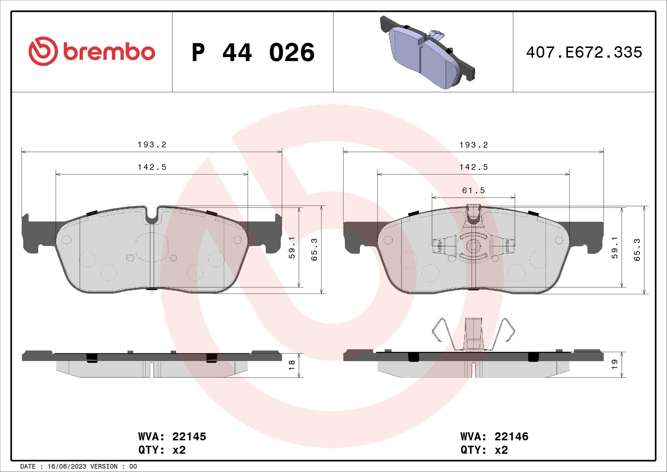 22146 BREMBO prepared for wear indicator, with piston clip, without accessories Height: 66mm, Width: 193mm, Thickness 1: 18mm, Thickness 2: 19mm Brake pads P 44 026X buy