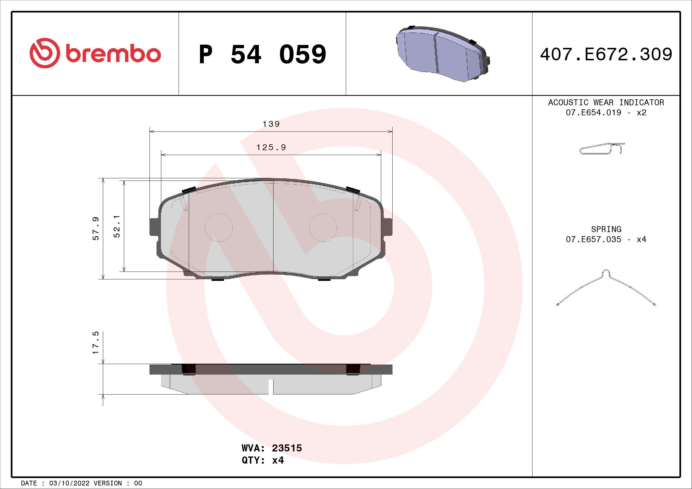 D5517430 BREMBO mit akustischer Verschleißwarnung, mit Zubehör Höhe: 60mm, Breite: 139mm, Dicke/Stärke: 17mm Bremsbelagsatz P 54 059 günstig kaufen