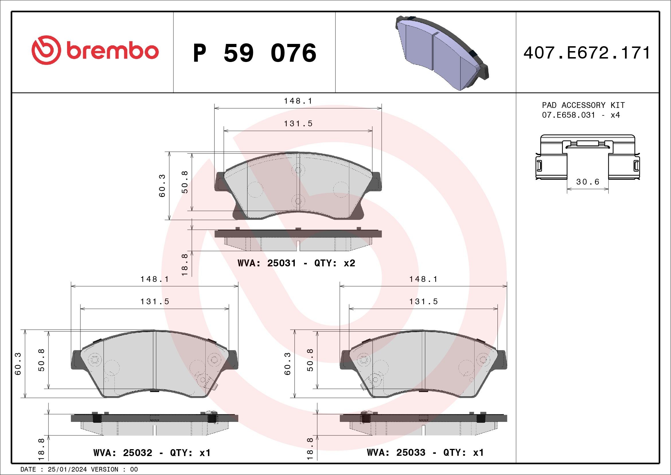 25032 BREMBO P59076X Brake pad set 13356286