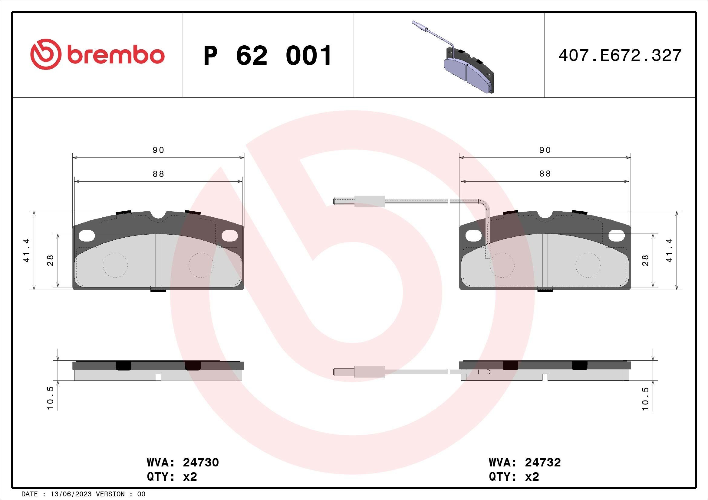 BREMBO P 62 001 Brake pad set incl. wear warning contact, without accessories