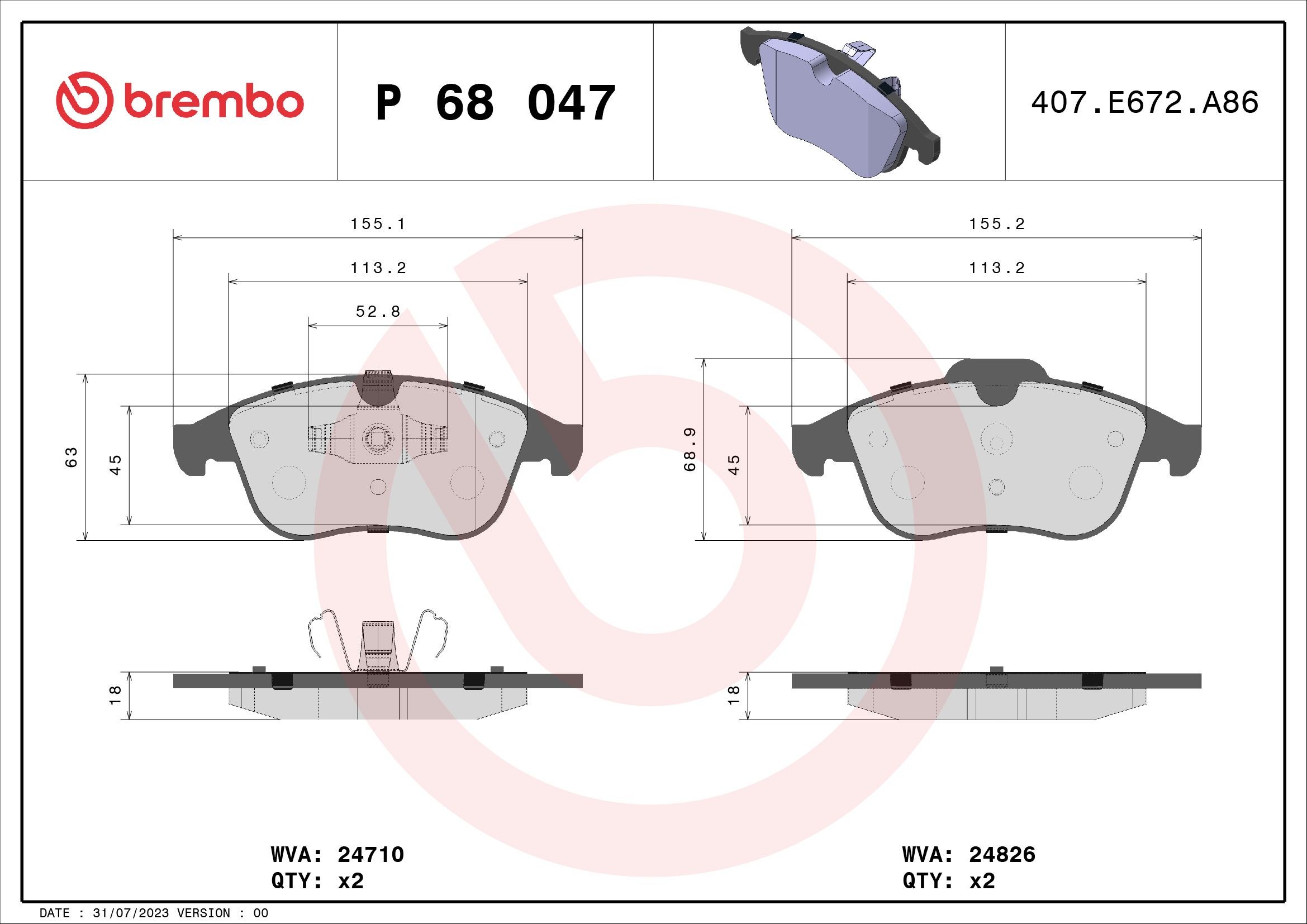 P68047X Set of brake pads P 68 047X BREMBO excl. wear warning contact, without accessories