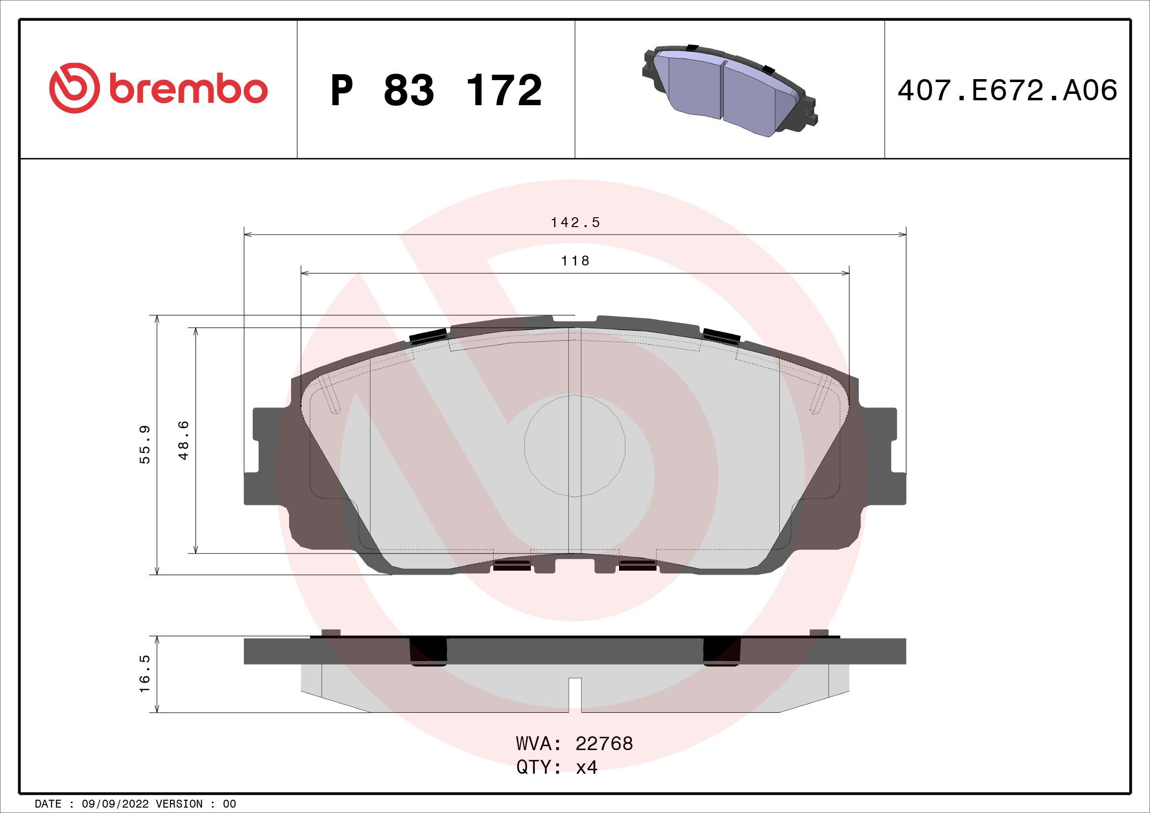 Original BREMBO 22768 Brake pad kit P 83 172 for LEXUS UX