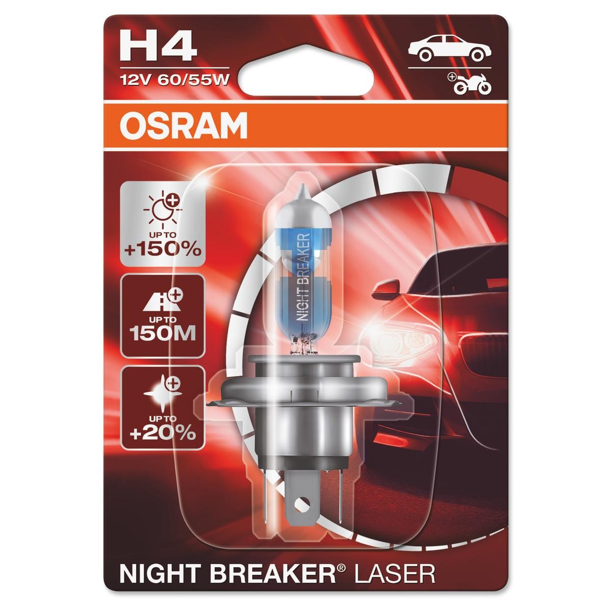64193NB200 OSRAM NIGHT BREAKER 200 H4 12V 60/55W 4050K Halogène Ampoule,  projecteur longue portée