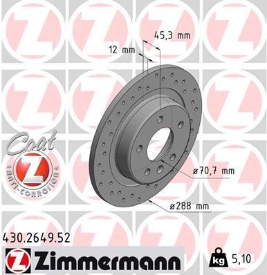 ZIMMERMANN 288x12mm, 6/5, 5x115, solid, Perforated, Coated Ø: 288mm, Rim: 5-Hole, Brake Disc Thickness: 12mm Brake rotor 430.2649.52 buy