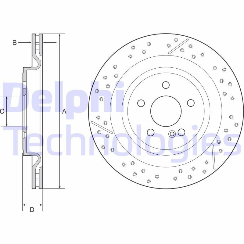 DELPHI BG4958C Brake disc 330x22mm, 5, Vented, Perforated, slotted/perforated, Coated, High-carbon
