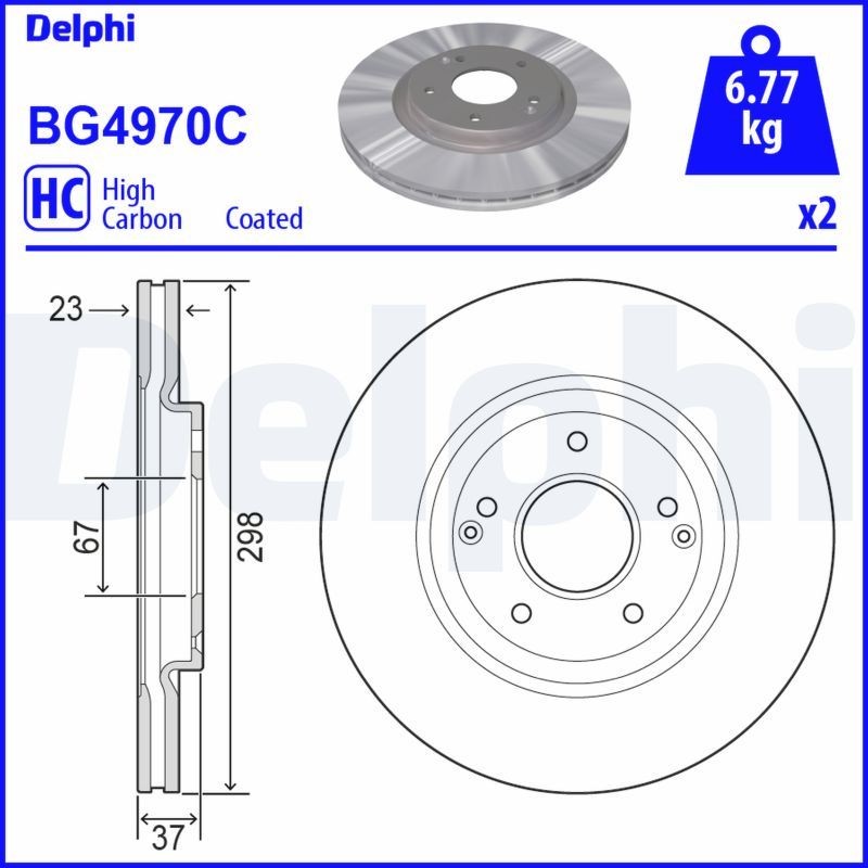 DELPHI BG4970C Brake disc 23mm, 5, Vented, Coated, High-carbon