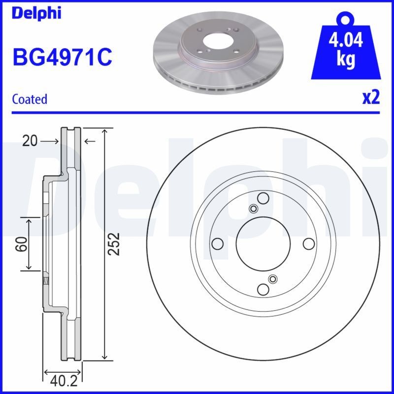 DELPHI 252x20mm, 4, Vented, Coated, Untreated Ø: 252mm, Num. of holes: 4, Brake Disc Thickness: 20mm Brake rotor BG4971C buy