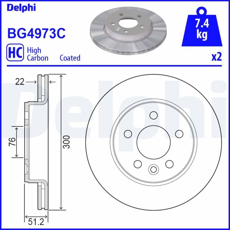 DELPHI BG4973C Brake disc 22mm, 5, Vented, Coated, High-carbon