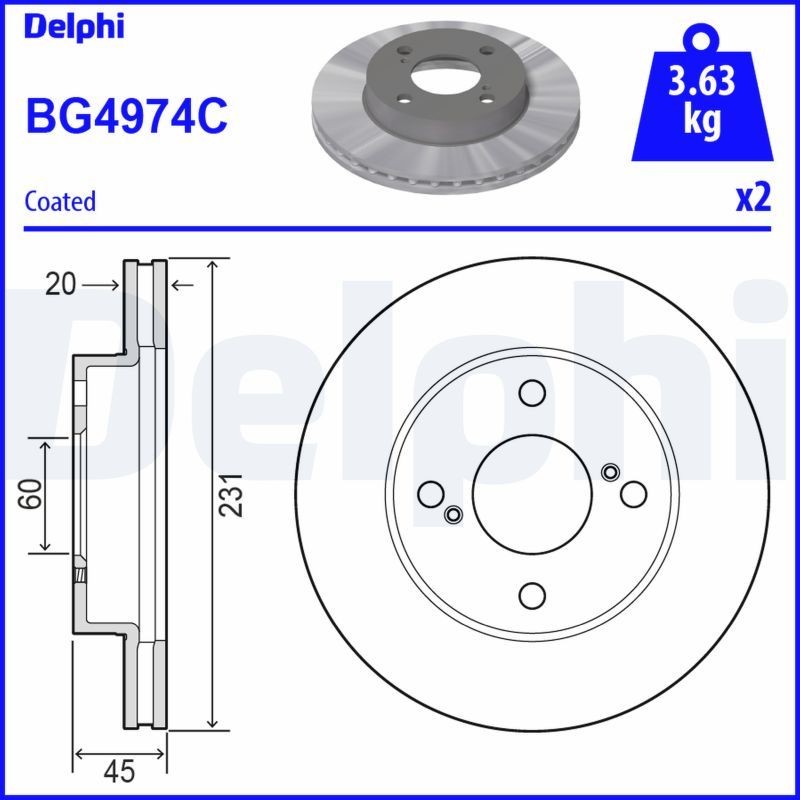 DELPHI 231x20mm, 4, Vented, Coated, Untreated Ø: 231mm, Num. of holes: 4, Brake Disc Thickness: 20mm Brake rotor BG4974C buy