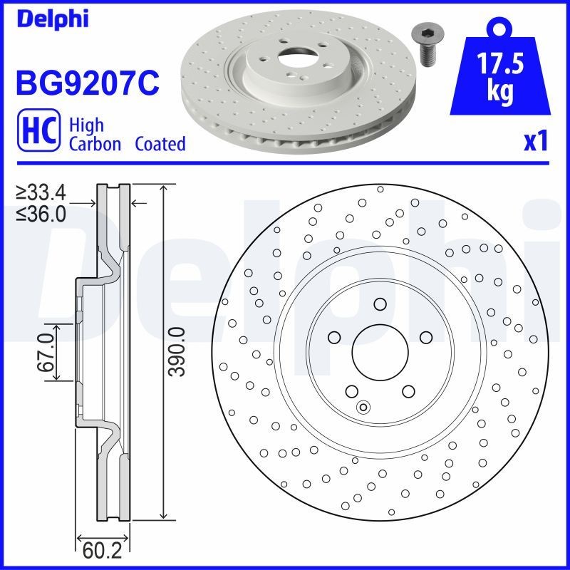 DELPHI BG9207C Brake disc 390x36mm, 5, Vented, Perforated, Coated, High-carbon