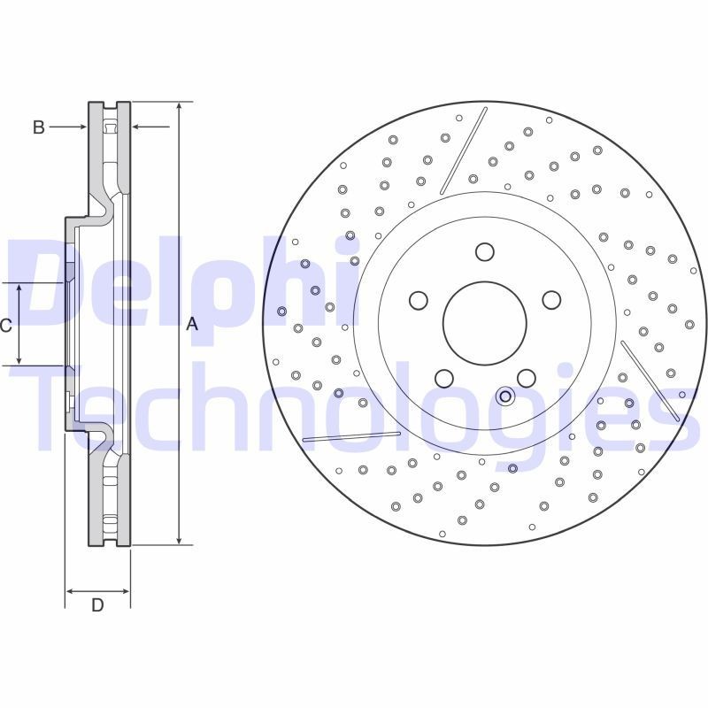 DELPHI 350x32mm, 5, Vented, Perforated, slotted/perforated, Coated, High-carbon Ø: 350mm, Num. of holes: 5, Brake Disc Thickness: 32mm Brake rotor BG9229C buy