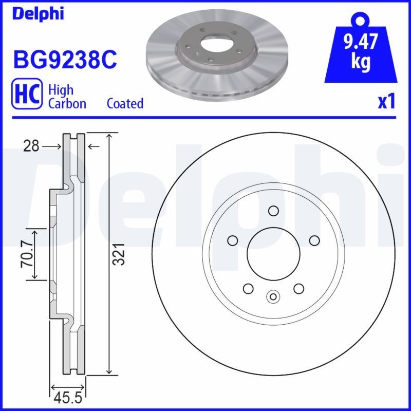 DELPHI BG9238C Brake disc 321x28mm, 5, Vented, Coated, High-carbon