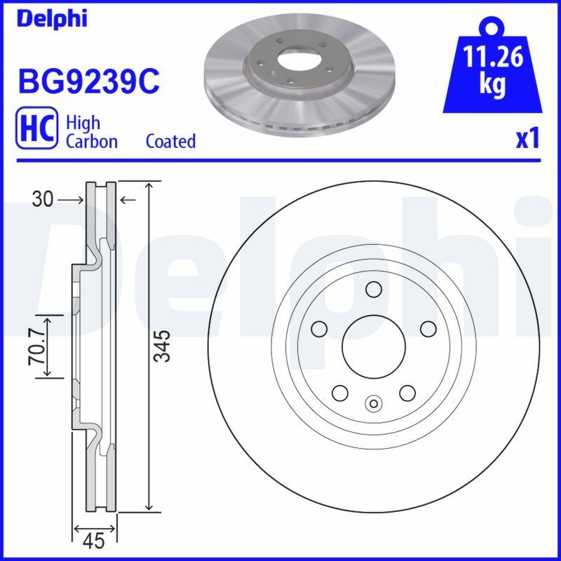 DELPHI BG9239C Brake disc 345x30mm, 5, Vented, Coated, High-carbon