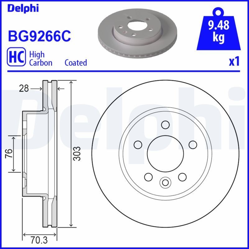 DELPHI BG9266C Brake disc 303x28mm, 5, Vented, Coated, High-carbon