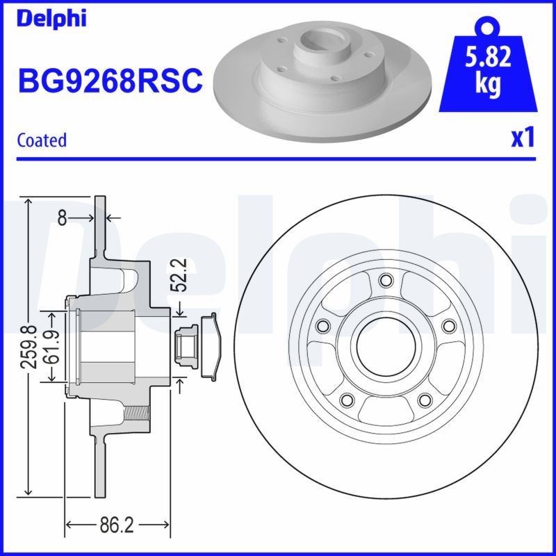 DELPHI BG9268RSC Brake disc 260x8mm, 5, solid, Coated, Untreated