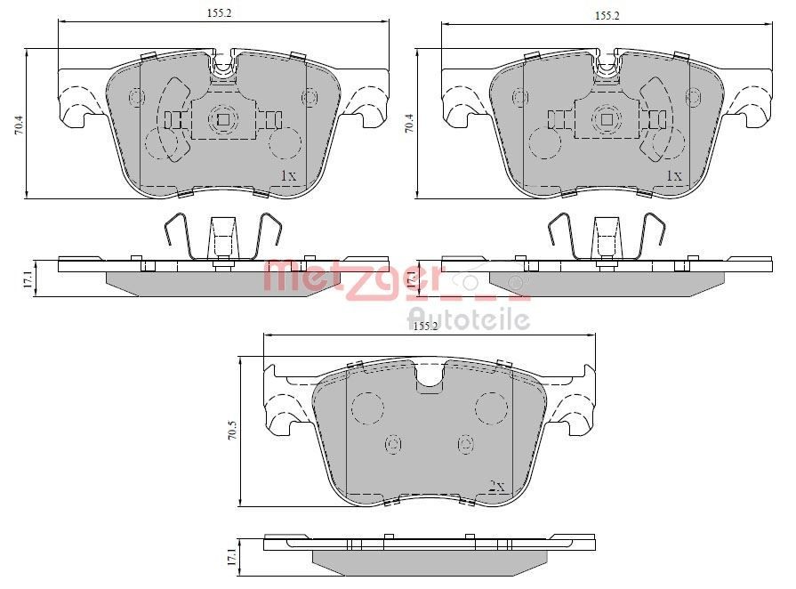 25833 METZGER Front Axle, with anti-squeak plate Height: 70,5mm, Width: 155,2mm, Thickness: 17mm Brake pads 1170850 buy