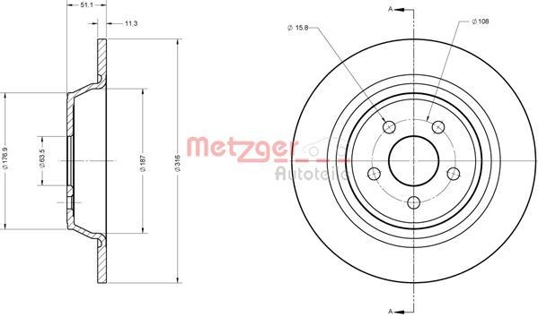 METZGER 6110818 Brake disc Rear Axle, 316x11,3mm, 5x108, solid, Painted, Cross-hatch