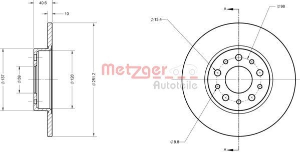 METZGER 6110828 Brake disc Rear Axle, 251x10mm, 5x98, solid, Painted, Cross-hatch