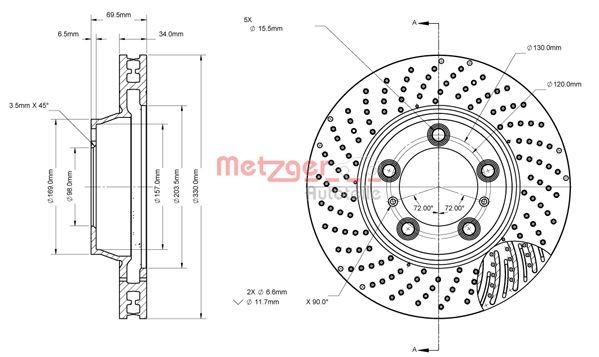 METZGER 6110881 Brake disc Front Axle Left, 330x34mm, 5x130, perforated/vented, Painted, Cross-hatch, High-carbon