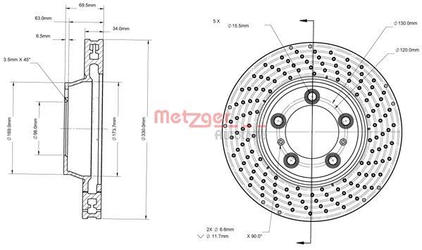 METZGER 6110882 Brake disc Front Axle Right, 330x34mm, 5x130, perforated/vented, Painted, Cross-hatch, High-carbon