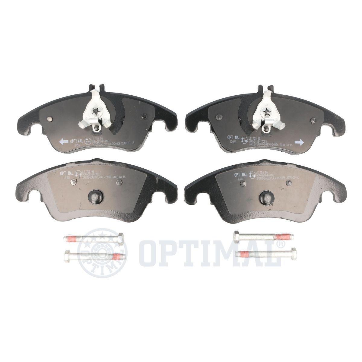 OPTIMAL BP-12453 Brake pad set Front Axle, prepared for wear indicator, excl. wear warning contact, with brake caliper screws