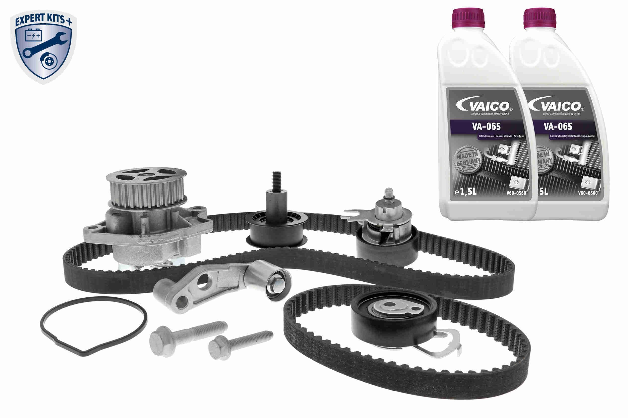 VAICO V10-50109 Water pump and timing belt kit with attachment material, with coolant, with water pump, Number of Teeth: 130, Width: 20,0 mm