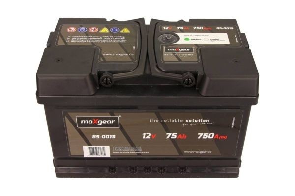 MAXGEAR 85-0013 Battery 12V 75Ah 750A B13 LB3 with load status display, Positive Terminal right, Lead-acid battery