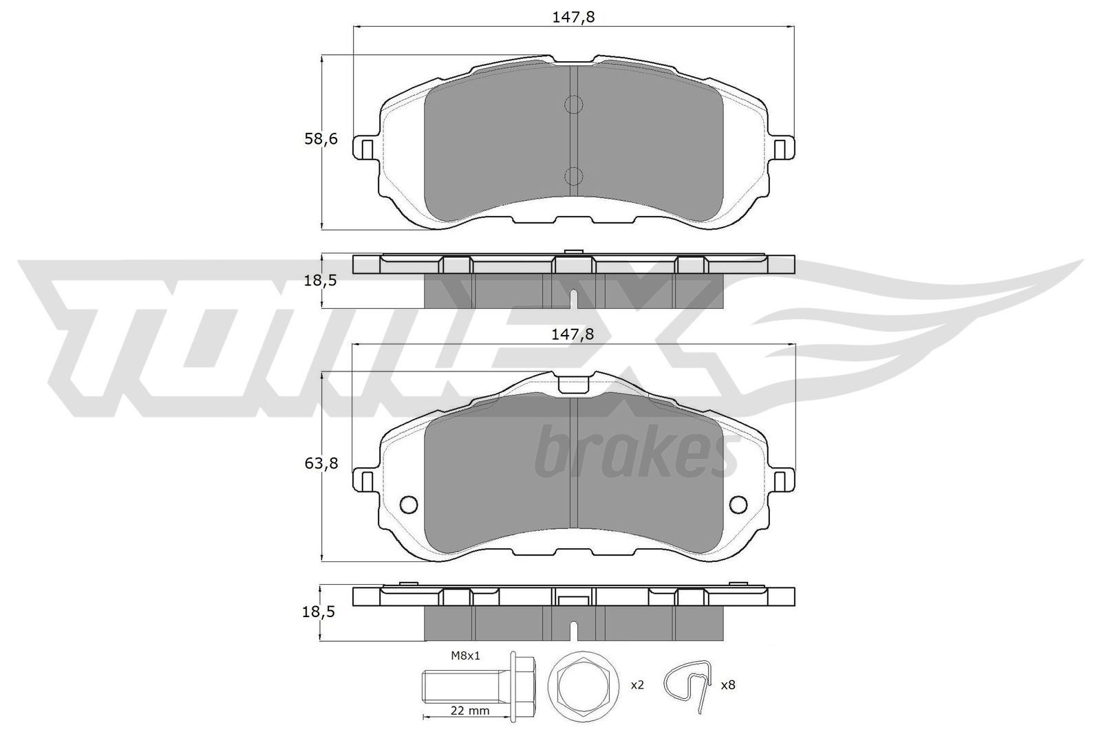 18-38 TOMEX brakes Front Axle, not prepared for wear indicator, with brake caliper screws, with accessories Height 1: 58,6mm, Height 2: 63,8mm, Width: 147,8mm, Thickness: 18,5mm Brake pads TX 18-38 buy