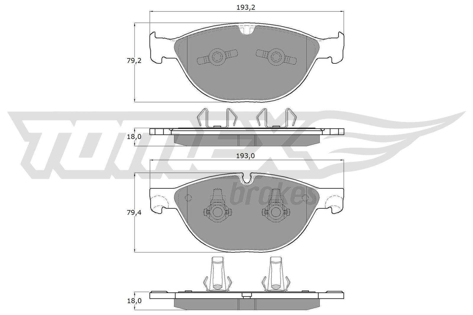 18-55 TOMEX brakes Front Axle, prepared for wear indicator Height 1: 79,2mm, Height 2: 79,4mm, Width 1: 193,2mm, Width 2 [mm]: 193mm, Thickness: 18mm Brake pads TX 18-55 buy