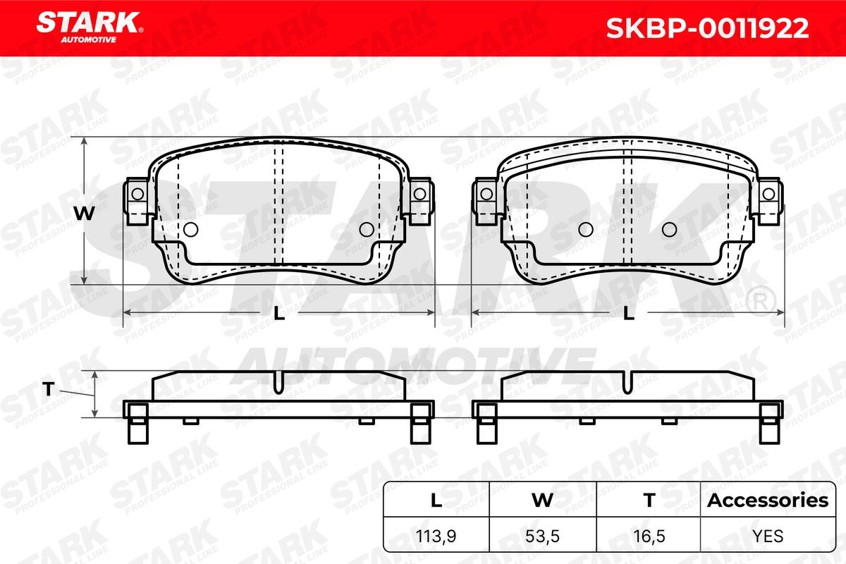 SKBP-0011922 Set of brake pads SKBP-0011922 STARK Rear Axle, not prepared for wear indicator, with acoustic wear warning, with brake caliper screws, with accessories