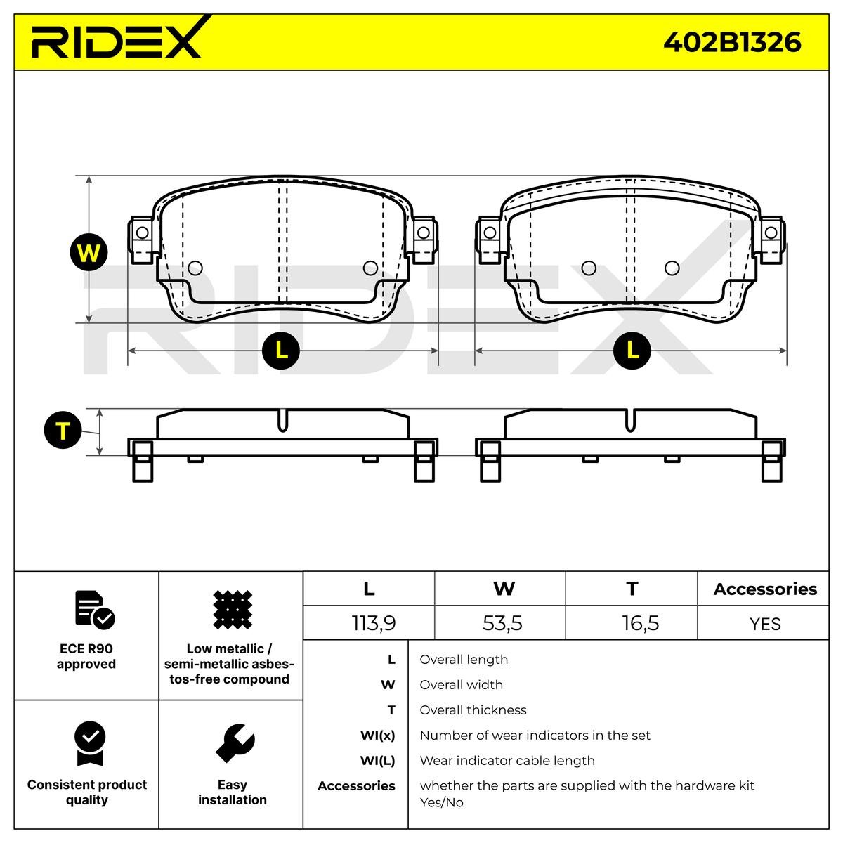 402B1326 Set of brake pads 402B1326 RIDEX Rear Axle, not prepared for wear indicator, with acoustic wear warning, with brake caliper screws, with accessories