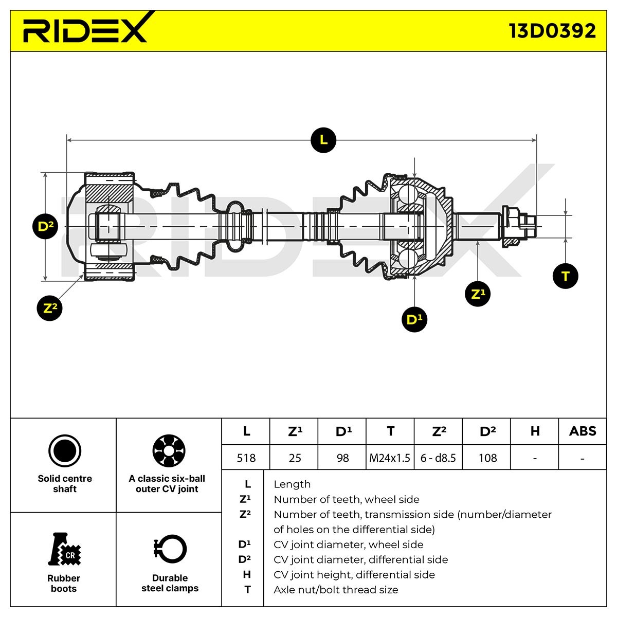RIDEX 13D0392 CV axle shaft Front Axle Left, 516mm, Ø: 98mm