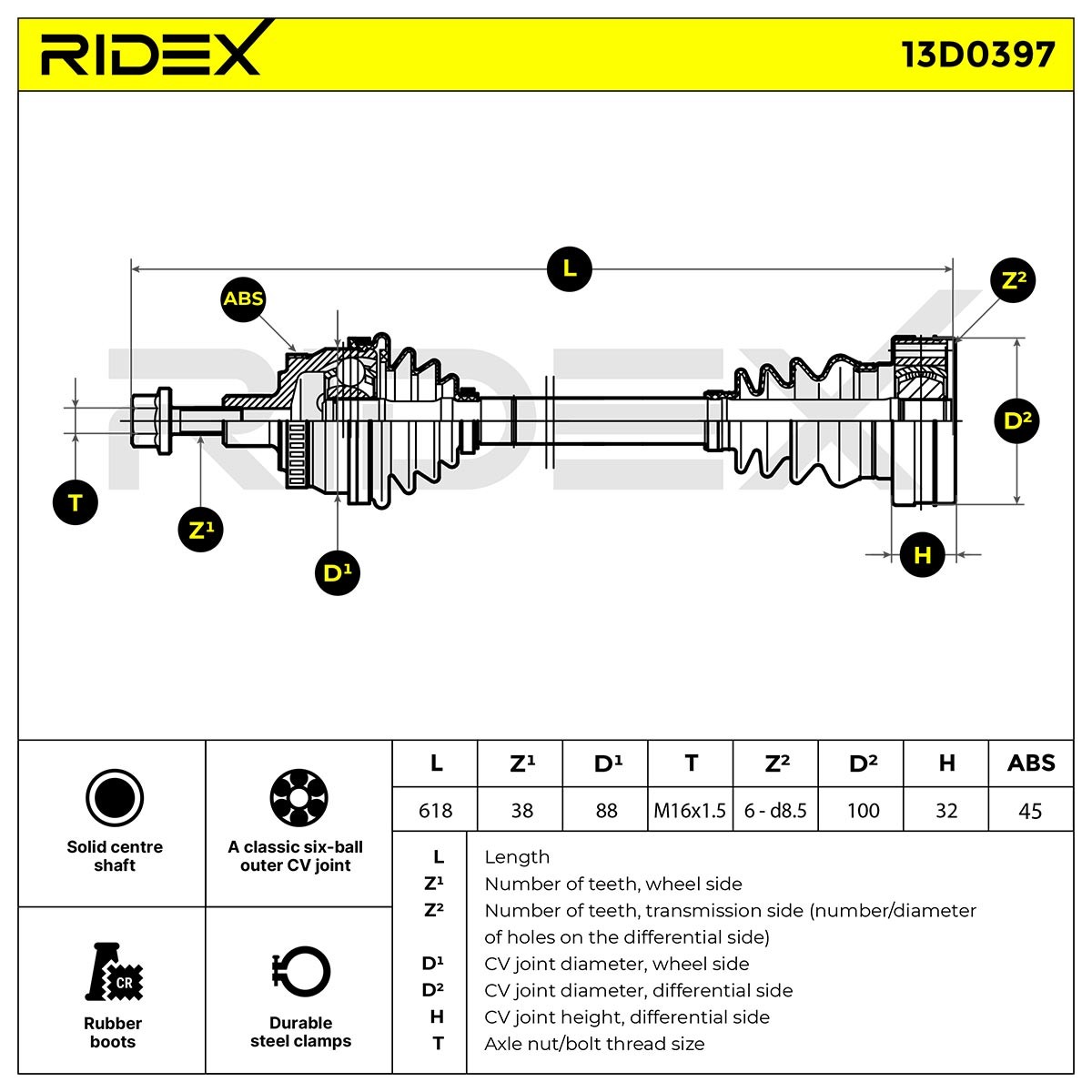 OEM-quality RIDEX 13D0397 CV axle shaft