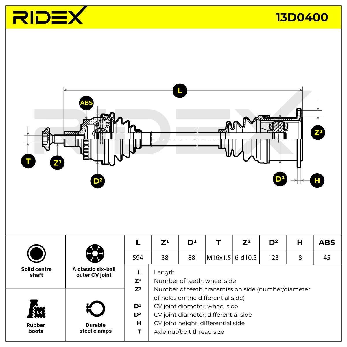 13D0400 CV shaft 13D0400 RIDEX Front Axle Left, 594mm
