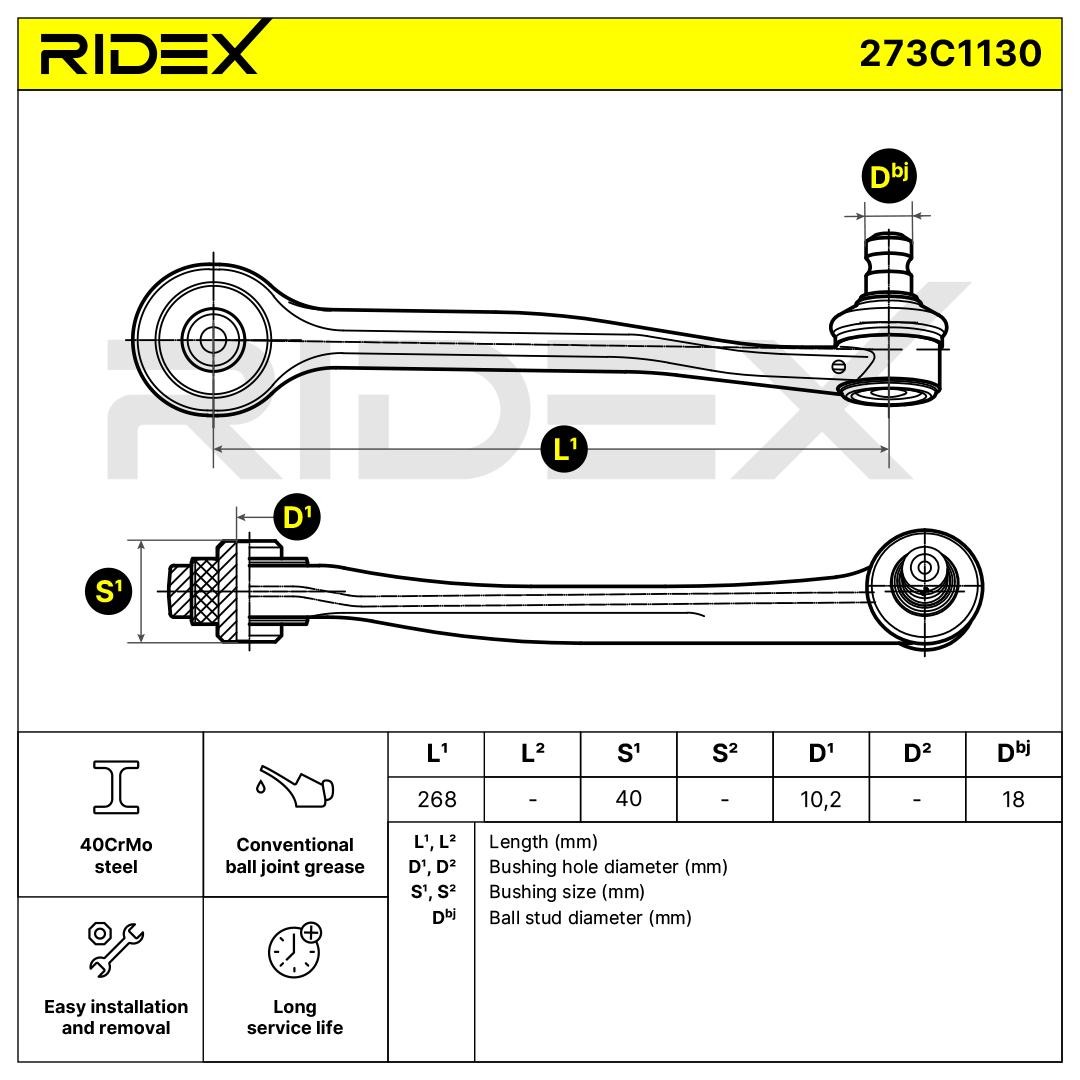 273C1130 Suspension wishbone arm 273C1130 RIDEX with ball joint, Front Axle Right, Semi-Trailing Arm, Cone Size: 18,0 mm