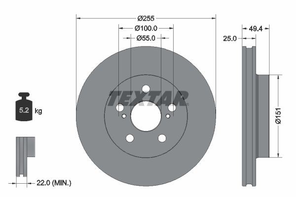 TEXTAR 92301703 Brake disc 255x25mm, 05/07x100, internally vented, Coated