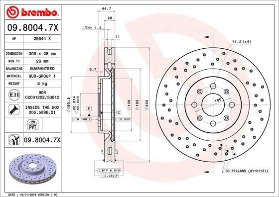 BREMBO 305x28mm, 4, perforated/vented, Coated Ø: 305mm, Num. of holes: 4, Brake Disc Thickness: 28mm Brake rotor 09.8004.7X buy
