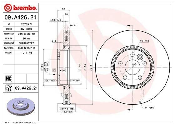 BREMBO 316x28mm, 5, internally vented, Coated, High-carbon Ø: 316mm, Num. of holes: 5, Brake Disc Thickness: 28mm Brake rotor 09.A426.21 buy