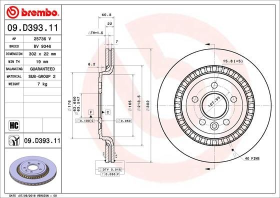 BREMBO 302x22mm, 5, internally vented, Coated, High-carbon Ø: 302mm, Num. of holes: 5, Brake Disc Thickness: 22mm Brake rotor 09.D393.11 buy