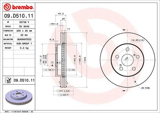 BREMBO 255x25mm, 5, internally vented, Coated Ø: 255mm, Num. of holes: 5, Brake Disc Thickness: 25mm Brake rotor 09.D510.11 buy