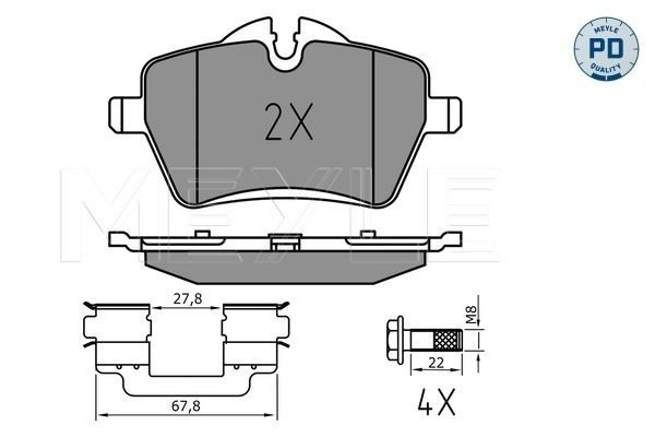 025 239 8418/PD MEYLE Brake pad set MINI Front Axle, prepared for wear indicator, with anti-squeak plate